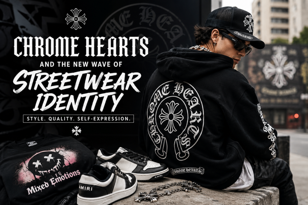 Streetwear enthusiast wearing luxury-inspired chrome hearts fashion with modern urban styling